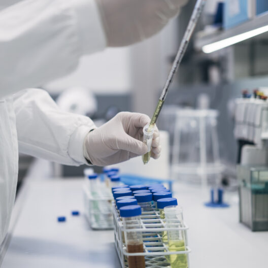 Dei ricercatori a lavoro, impegnati con alcune provette